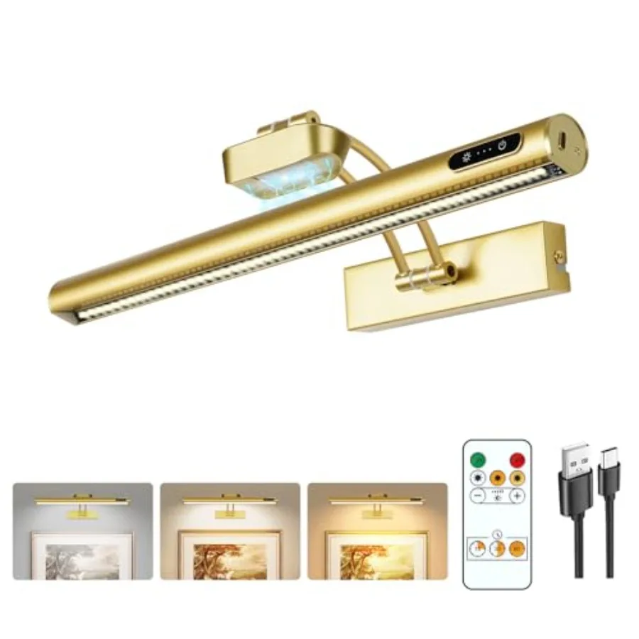 

Магнитный беспроводной светильник для картин, перезаряжаемый, на батарейках, с пультом/сенсорным управлением/таймером, регулируемый угол, 16 дюймов, металлический, окрашенный