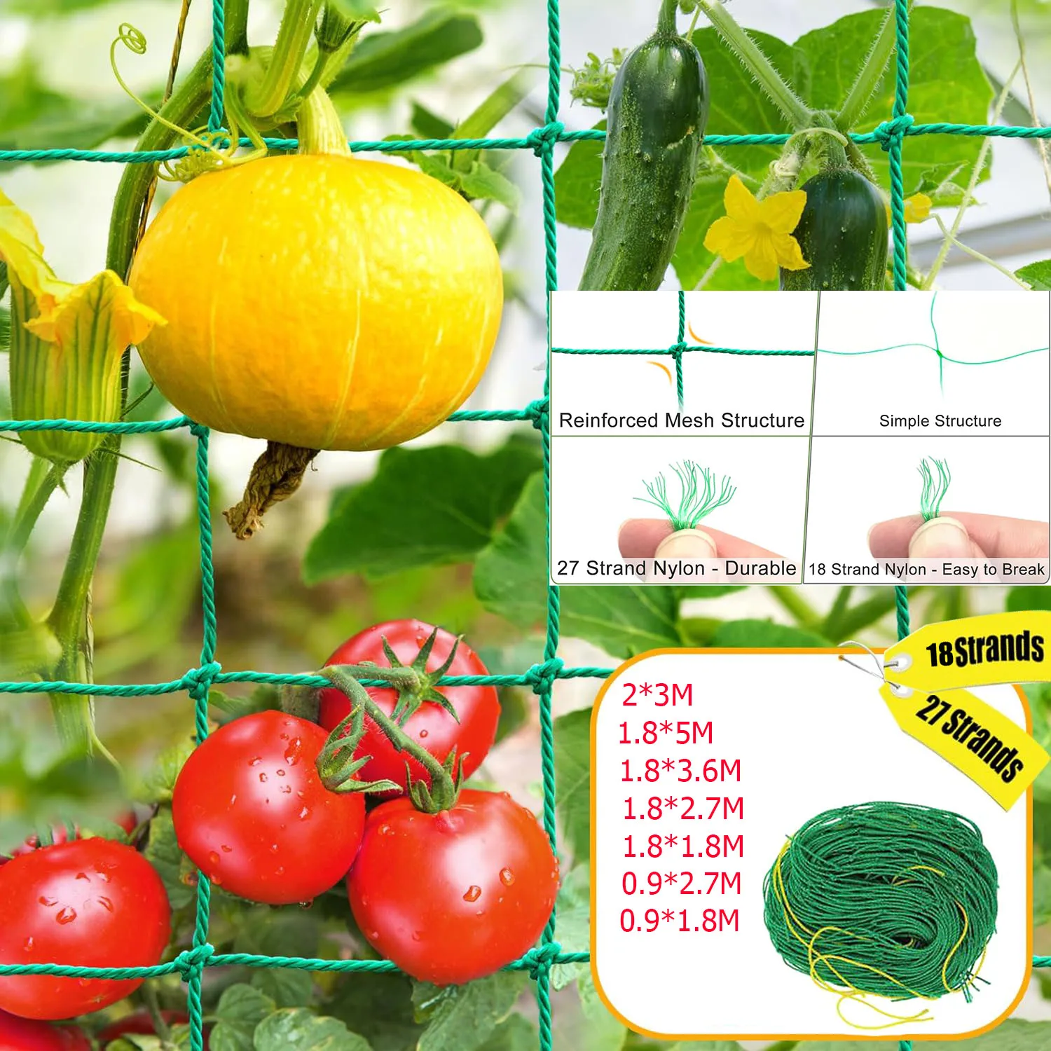 Cucumber Net Trellis Netting Outdoor Heavy Duty Nylon Plant Climbing Netting Plant Net for Tomato Fruits Vegetables Grapes