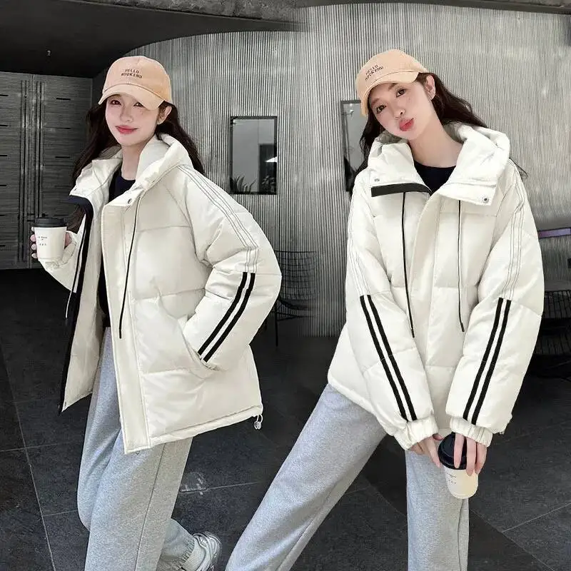 Protection Against Cold Overcoat 2025 New Winter Warm Hooded Stripes Thick Fashion Women Cotton Jacket