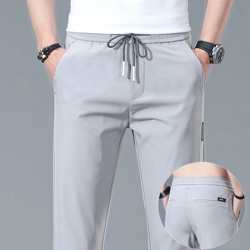 

New Classic Business Casual Men Pants Summer Thin Quickly Dry Ice Silk Trousers Fashion Elastic Waist Jogging Sweatpants