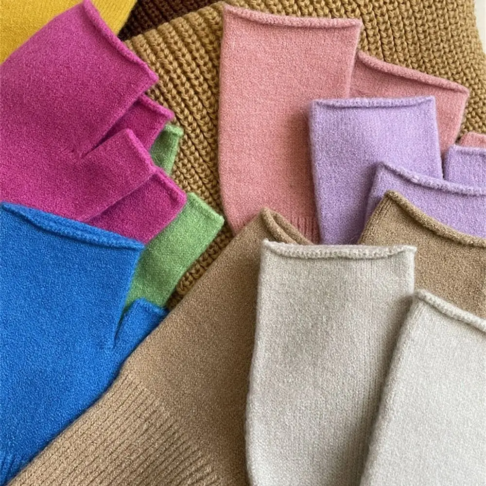 Gants Longs Demi-Doigt pour Femme, Manches Tricotées, Mitaines Solides Sans Doigts pour Étudiants, Chauds, Automne et Hiver