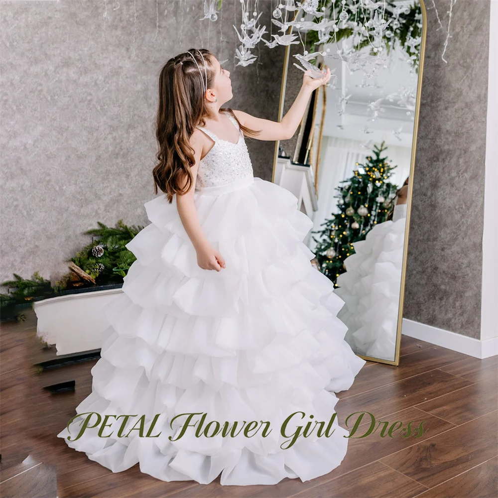 Petal White Sequin Flower Girl Dress Spaghetti Straps A Line Kids Birthday Party Dress V Neck Tutu Fluffy Prom Gown Customized