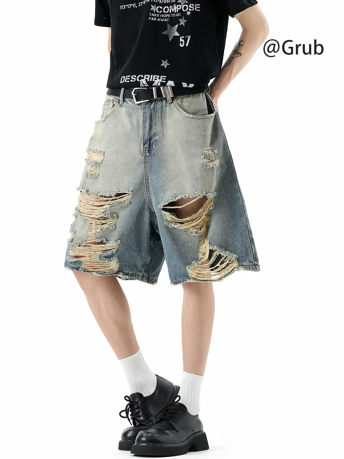 

American Style Ripped Denim Shorts Unisex High Street Design Wide Leg Mid-Pants Trendy Cleanfit Five-Quarter Pants