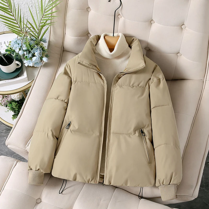 Bread Cotton Jacket Women Winter Padded Thickened Warm Windproof Coat Long-Sleeved Zipper Stand Collar Fashion Outwear