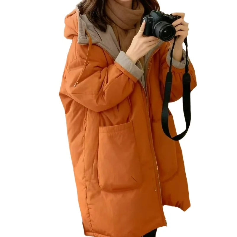 

Solid Color Two-sided Mid-length Cotton-padded Jacket for Women New Fashionable Warm Casual Hooded Overcome Coats 2026 Winter