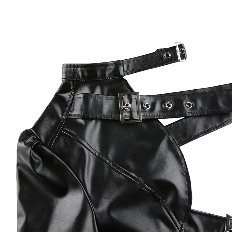 New Autumn Women\'S Punk Style Crop Top Jacket  Cool Single Long Sleeved Hanging Neck Leather Belt Connected Cool Jacket