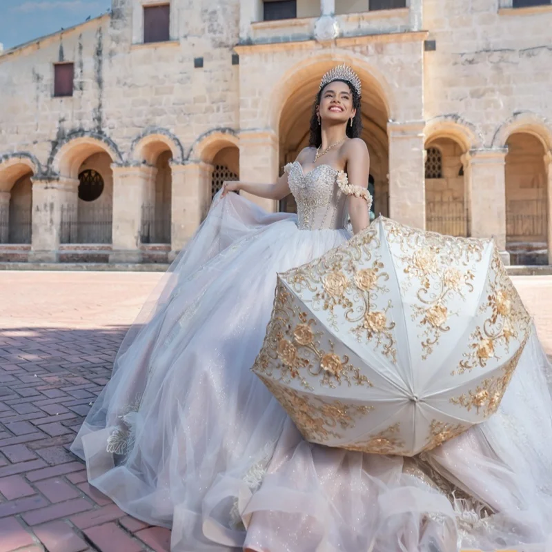 

Light Champagne Quinceanera Dress off-shoulder Lace glitter crystal decal Long tail Bow vestidos de 15 Quinceanera ﻿Customize