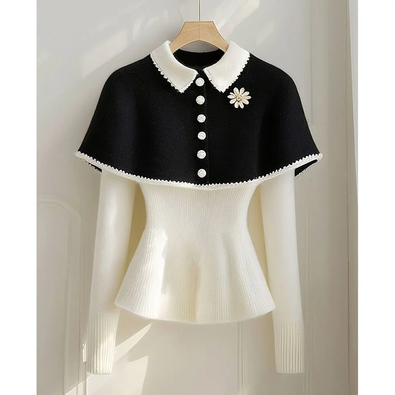 Herbst Winter Kontrast Gestrickte Pullover Frauen Tragen Schal Mantel Kurze Stricken Pullover Weibliche Lässige Strickwaren Pullover Pullover