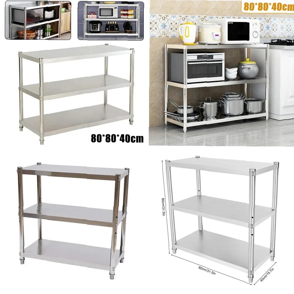 

Stainless Steel 3-Tier Kitchen Shelf 80x40cm, Storage Rack Organizer for Restaurant Shelving