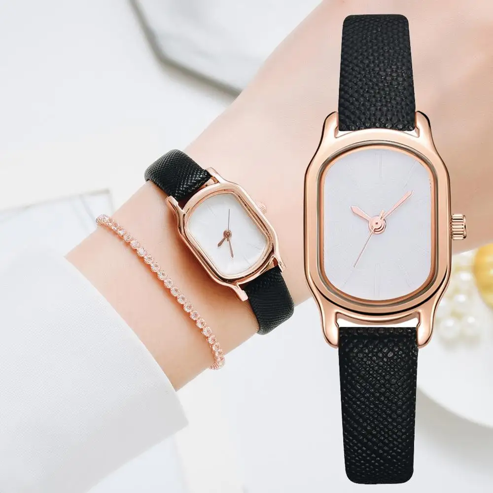 

Women's Fashion Black Small Watches Vintage Leather Ladies Wrist Watches Simple Oval Dial Dress Retro Female Quartz Wristwatches