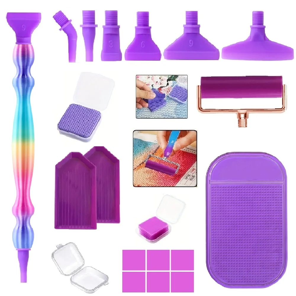 DIY diamond painting tool set, includes threaded interface elbow/1/3/6/9 scraper replacement heads, 50 cleaning cloths, with roller, storage tray, and silicone pad, suitable for adult 5D diamond painting tool accessori