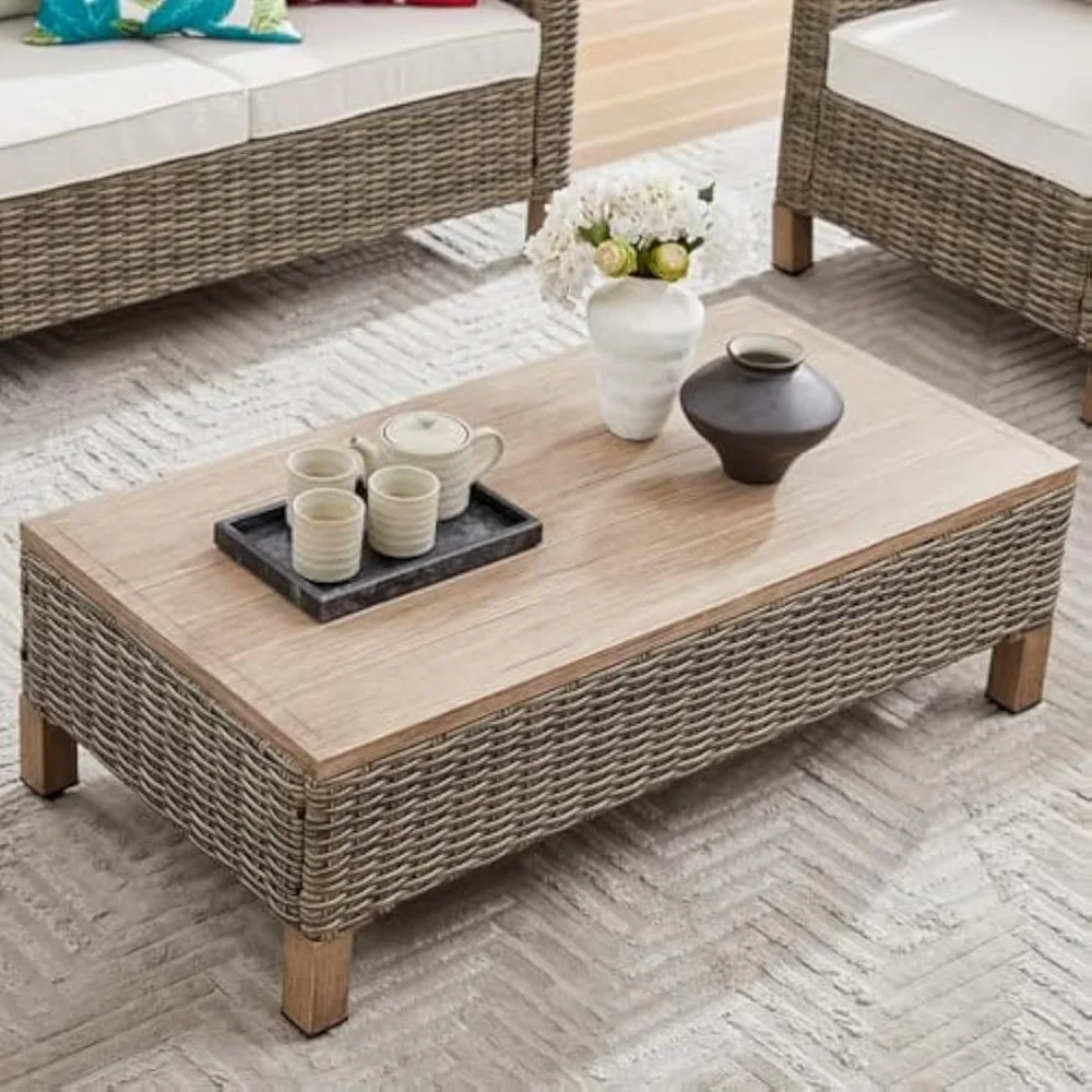 

Outdoor PE Wicker Coffee Table with Metal Top,43.3" Hand Woven Rattan Patio Table for Conversation Set,OutdoorTable for Poolside
