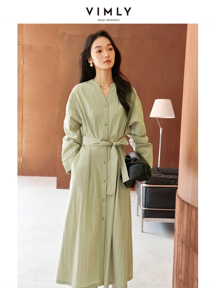 VIMLY Women Fashion Simple Solid V-Neck Shirt Style Long Dress Autumn Chic Female Casual Office Lady Straight Dresses With Belt