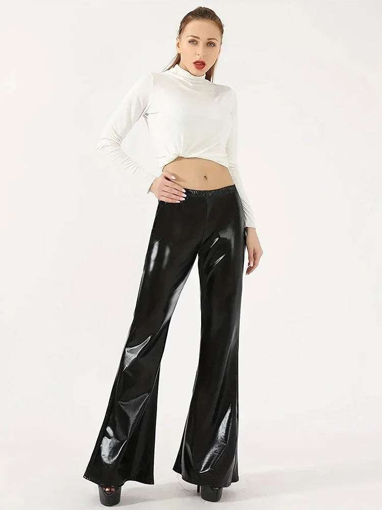 

Women Solid Shiny Faux Latex Leather High Waist Elastic Bodycon Flare Pants Ladies Slim Stretch PU Bell-Bottom Trousers Custom