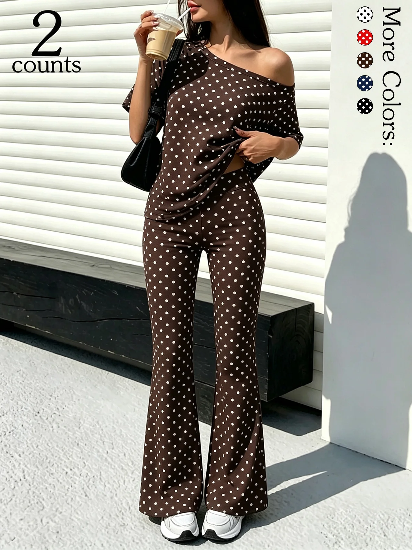 2 Counts Women Polka Dot 2 Piece Set Y2K Off Shoulder Top High Waist Flared Pants Stretchy Casual Lounge Outfit for Women