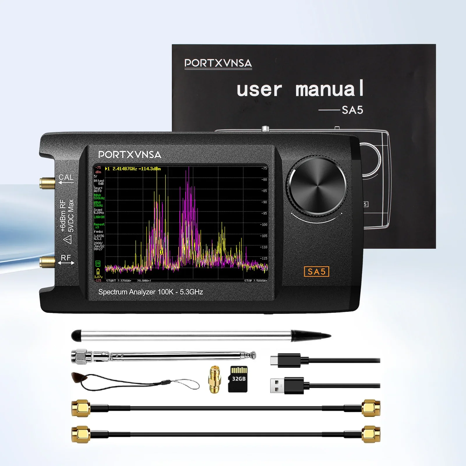 4-inch IPS LCD SA5 Multi functional Handheld Spectrum Analyzer 100k-5.3GHz 2-in-1 Signal Generator Built in 5000mA