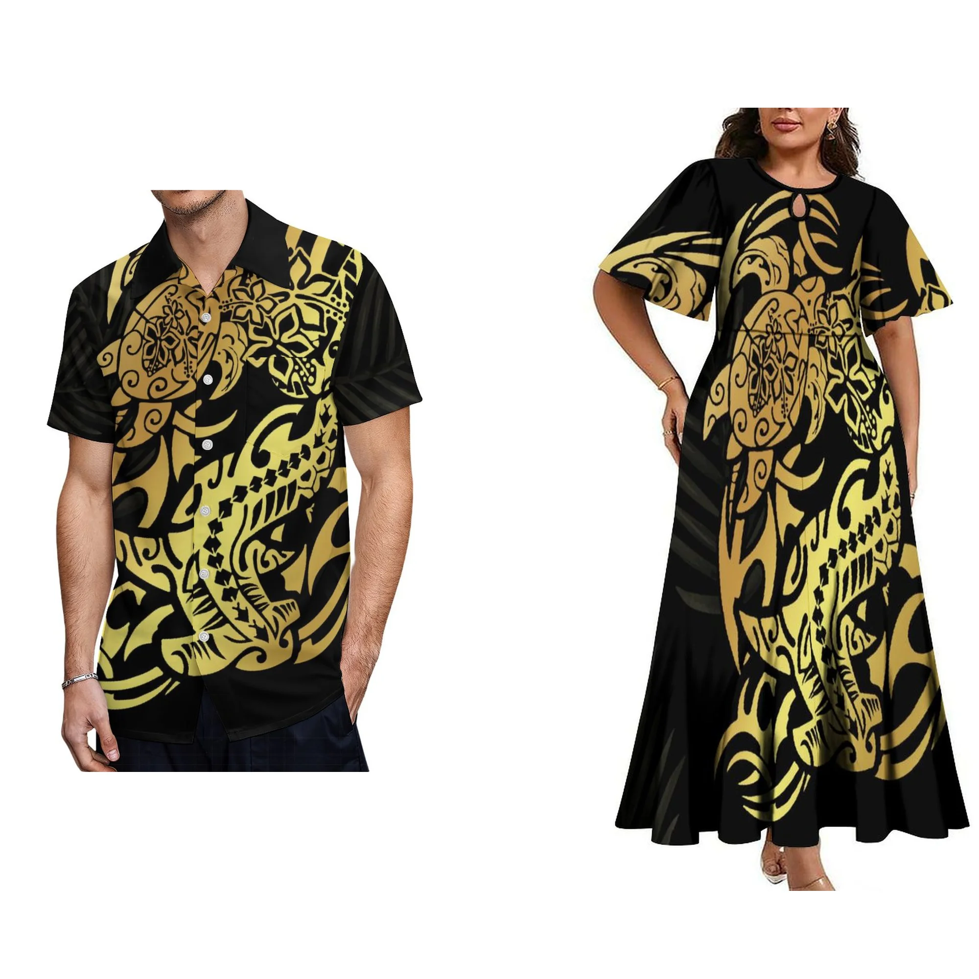 Wholesale Custom Polynesian Tribal Crew Neck Short Sleeve Maxi Ladies Dresses Women Elegant Plus Size Midi Pleated Samoan Dress