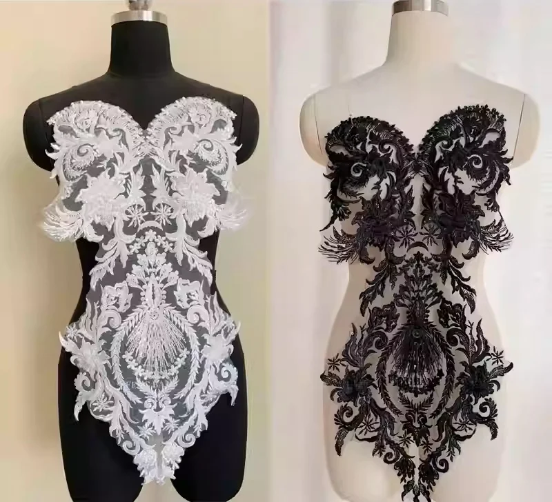 High Quality Black and White Heart-shaped Lace Embroidery Patch, Sequin Embroidery Handmade Wedding Dress, Background Decoration