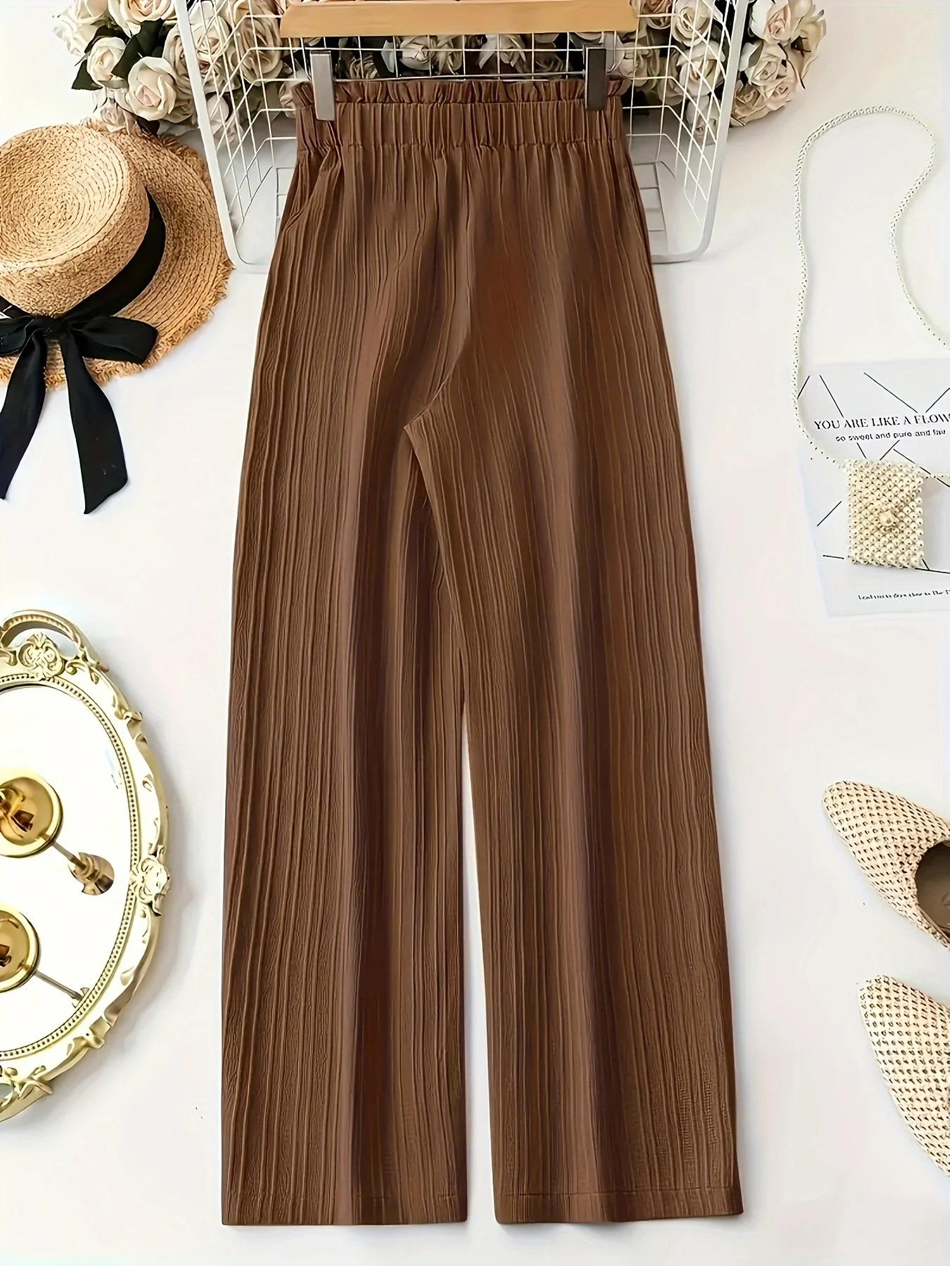 Elegante Sommer-Freizeithose für Damen mit Hoher Taille, Weitem Bein, Schleifendetail, Elastisch, Bequem, Locker Geschnittene Lange Hose – Detail 4