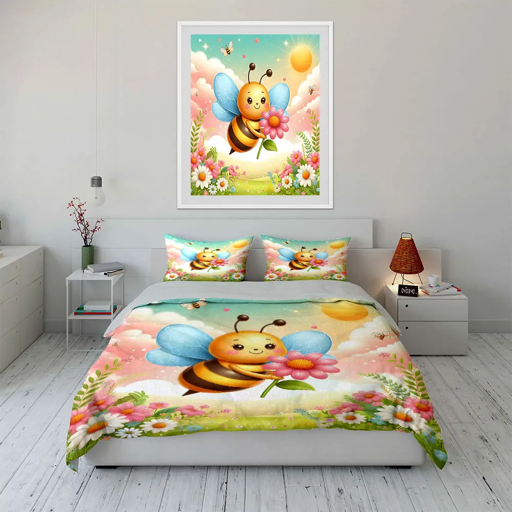 Fairy Tale Bee with Flowers Print Soft Comfortable Duvet Cover Bedding Set Included 1*Duvet Cover  2*Pillowcases Luxury gifts