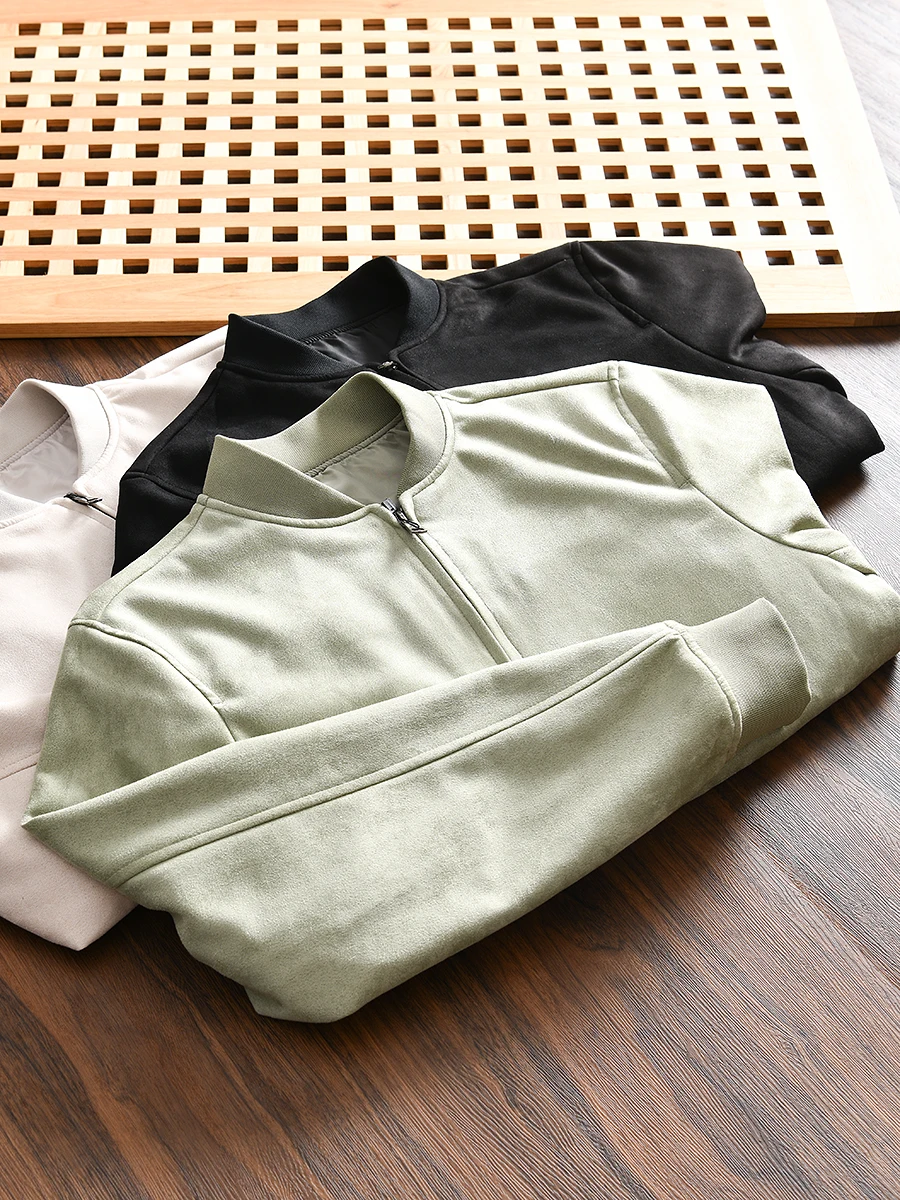 

Classic Heritage High-End Suede Men's Baseball Collar Casual Jacket Pure Color Autumn Winter Outerwear Polyester Fiber
