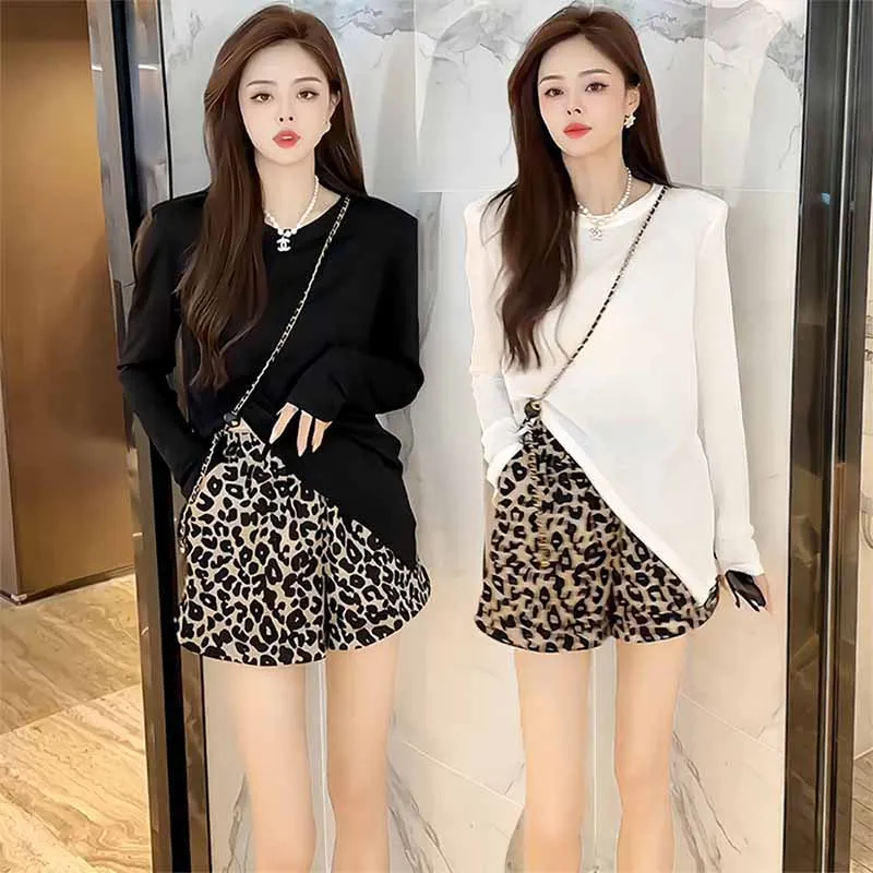 Ice Silk Asymmetrical Long Sleeve Women's T-Shirt Summer New Style Elegant Slit Semi-Transparent Top Shorts Two-Piece Set
