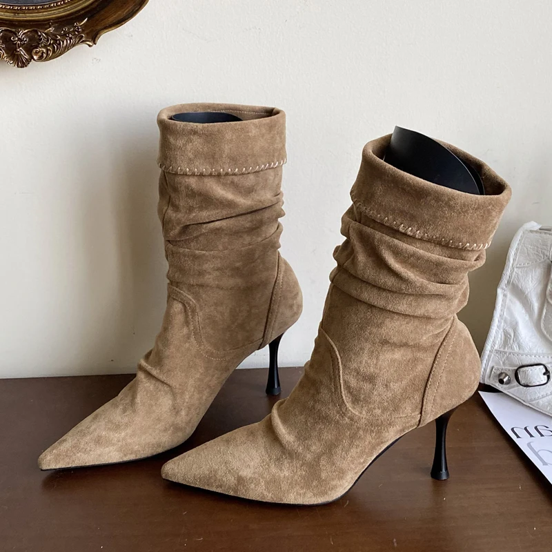 Aneikeh Winter Fashion Design Turned-over Egdes Women Ankle Boots Fashion Pointed Toe Thin High Heels Party Prom Shoes