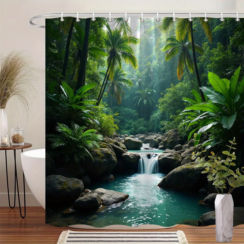 Tropical Paradise Bath Curtain - Lush Palm Trees & Crystal Waterfall, Waterproof Home Decor Adds Exotic Beauty to Your Bathroom