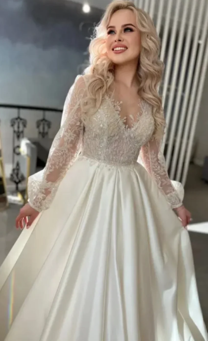 Satin A-Line Bridal Gowns Lace Appliques Elegant Robes Long Puff Sleeves Vestidos De Novia 2024 Luxury Wedding Dresses For Women