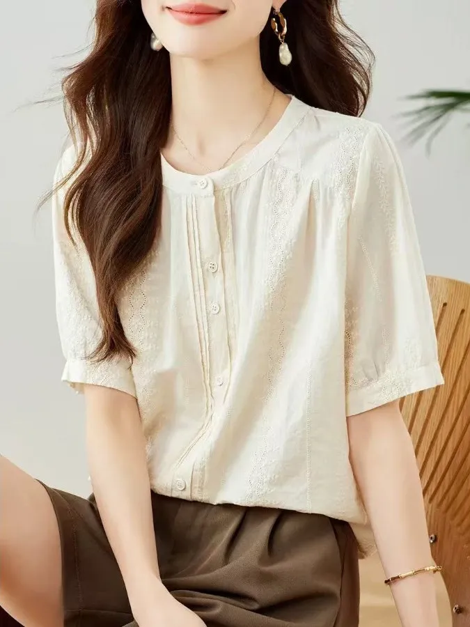 

Женская летняя модная блузка свободного кроя с вышивкой, коротким рукавом и круглым вырезом, из полиэстера, для повседневной носки