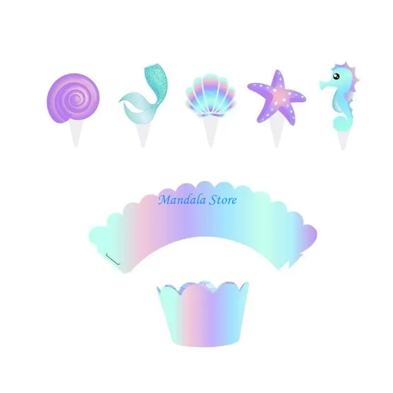 

U2JC 20pcs Mermaid Party Cupcake Toppers Wrappers Cake Decorations Baby Shower Kid Birthday Party Wedding Decorations