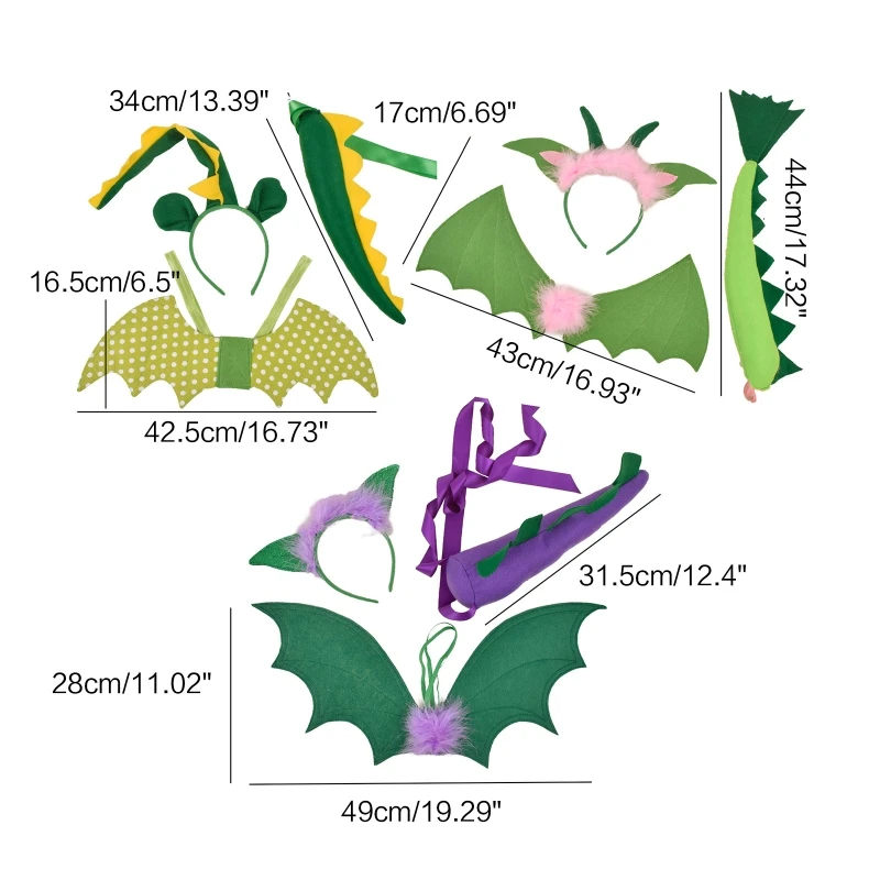 恐竜コスチュームアクセサリーセット 恐竜の耳のカチューシャ、尻尾、羽のアクセサリー