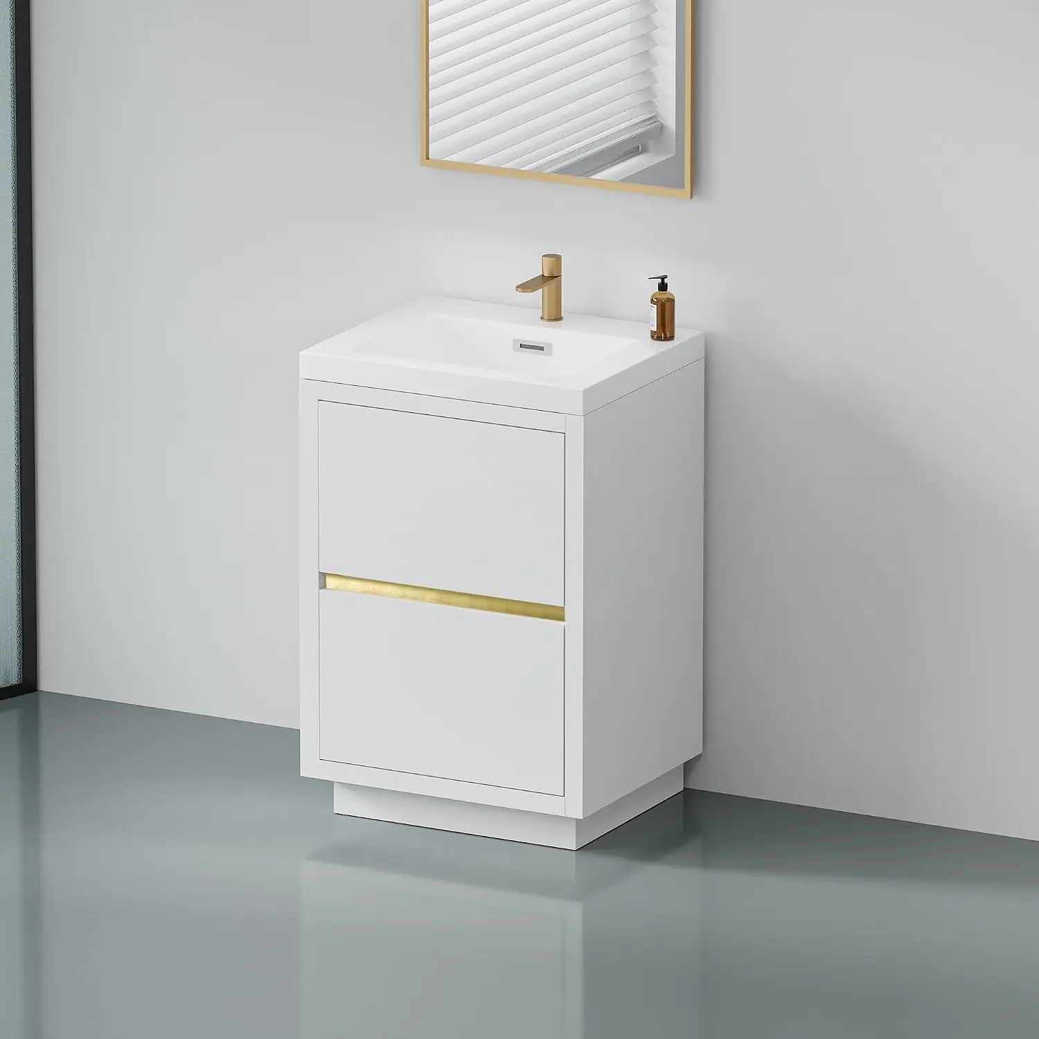 24 Inch Bathroom Vanity with Sink Freestanding Soft Closed 2 Drawers Integrated Glossy White, Customized