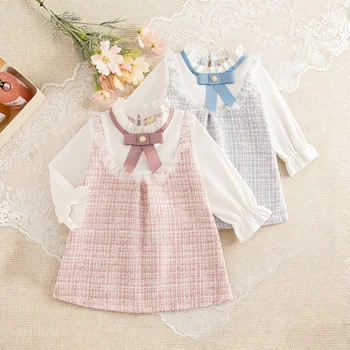 Baby Girl Dresses Spring/Fall Bow-Tie Plaid Long-Sleeve Girls' Dress Adorable Princess…