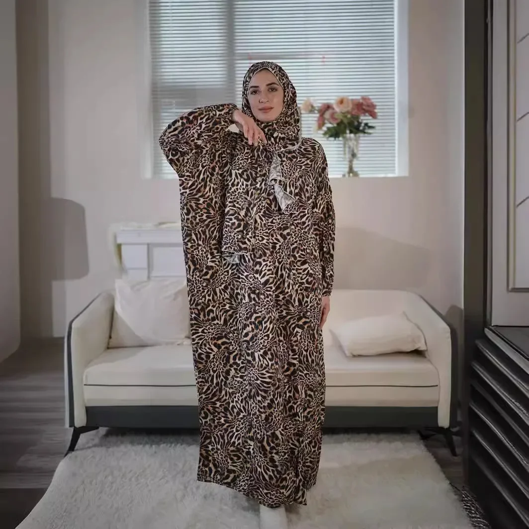 Eid Muslim Women Prayer Dresses Scarf Abayas Leopard Print Long Robe Ramadan Morocco Dubai Kaftan Islam Saudi Vestidos Jalabiya