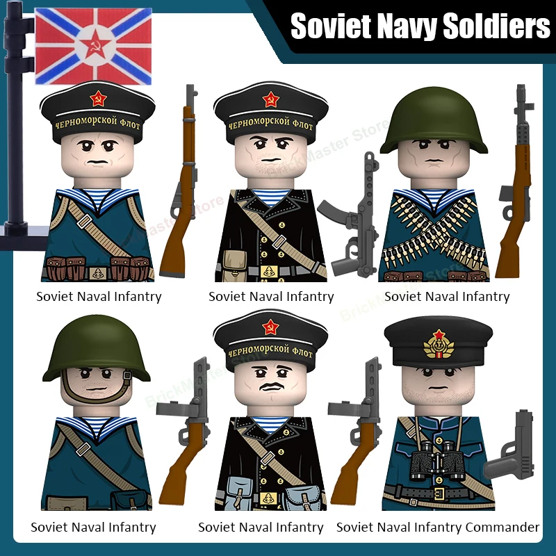 

WW2 военные советские военно-морские фигурки солдат, строительные блоки, морской пехотный командир, шляпа, флаг, пистолет, аксессуары, кирпичи, игрушка в подарок