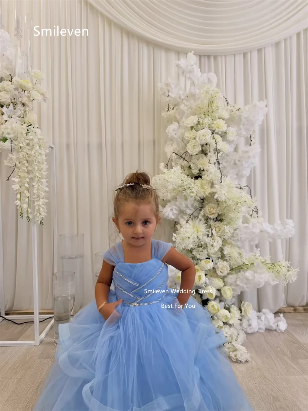Smileven Sky Blue Tulle Ball Gown Girl Flower Dress Square Neck Cap Sleeve Birthday Dresses Beading Ruffle Bow Gowns Customized