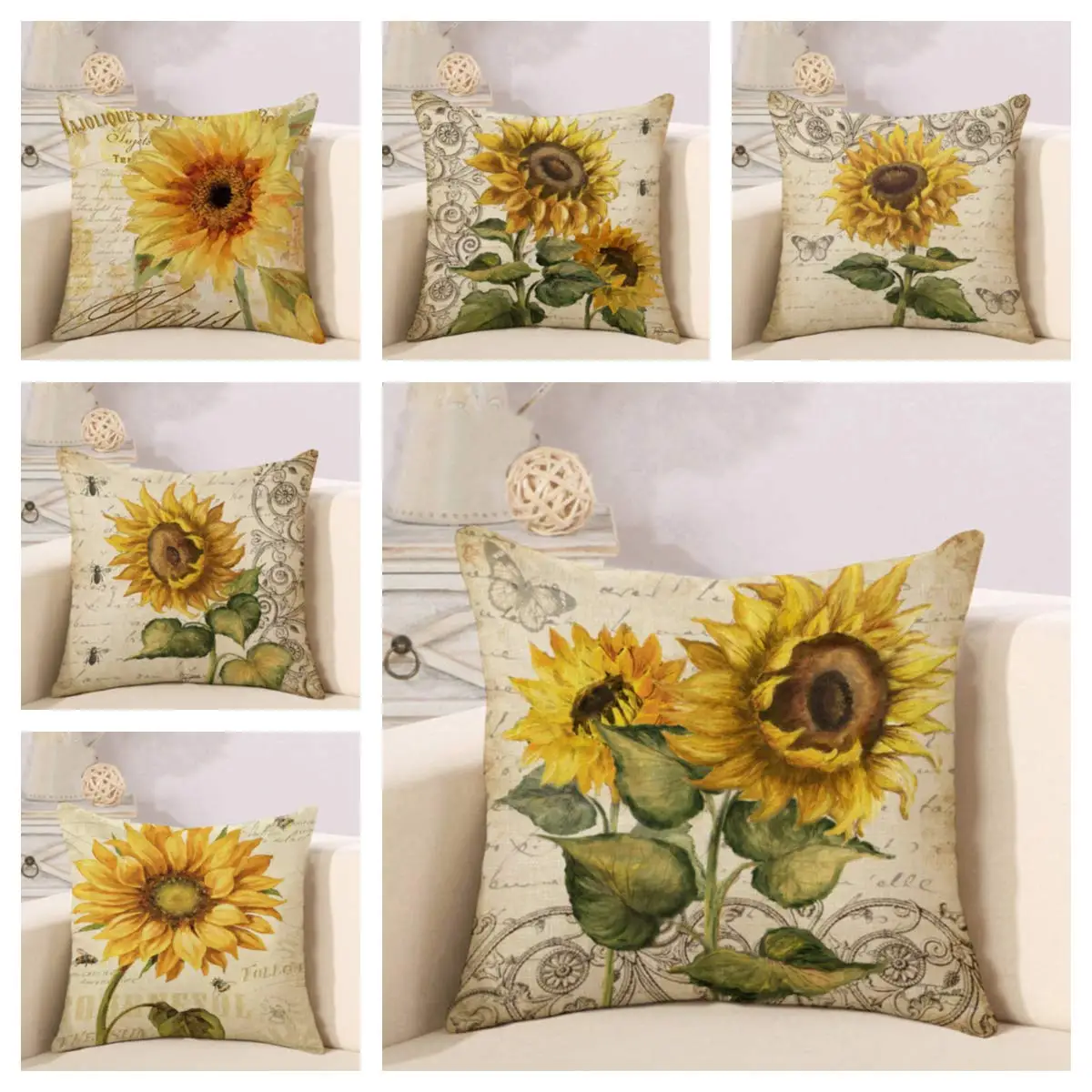 Retro sunflower print linen pillowcase sofa cushion cover home decoration can be customized for you 40x40 50x50 60x60 45x45