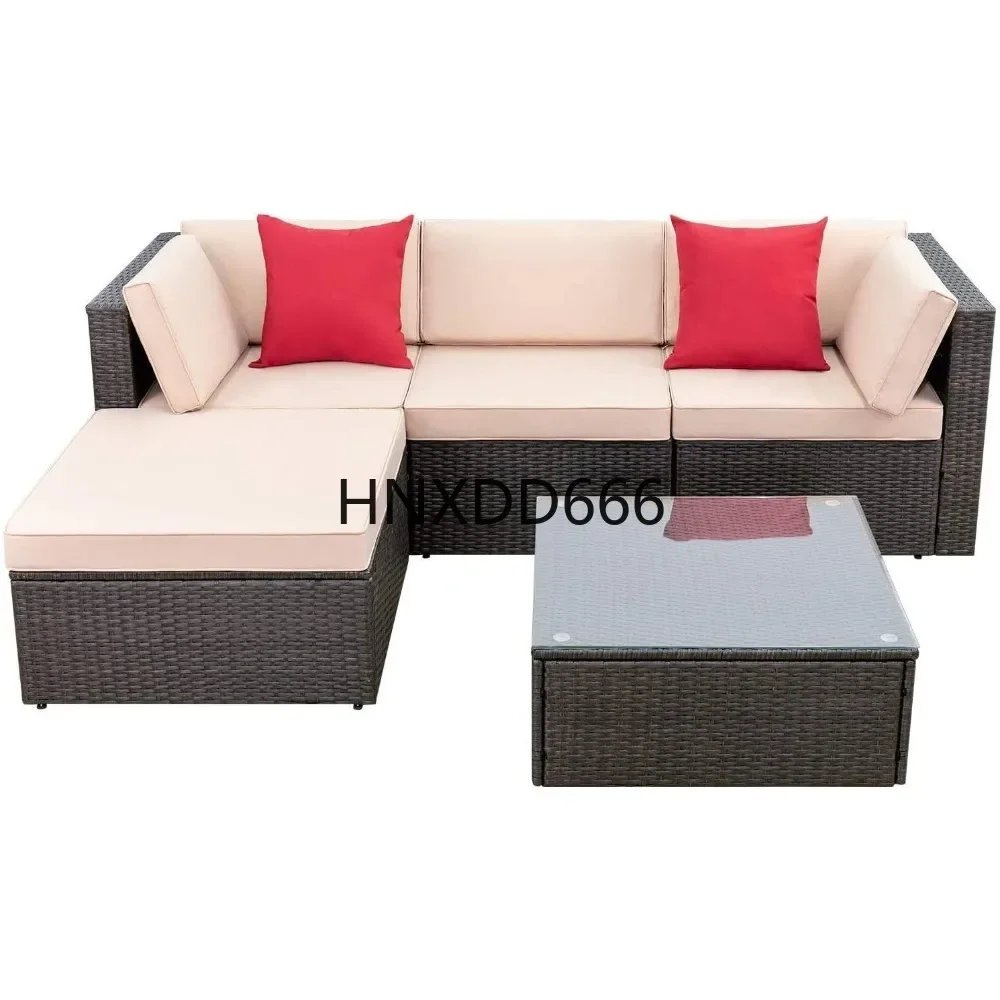 5 Pieces Patio Furniture Sets All Weather Outdoor Sectional Patio Sofa Manual Weaving Wicker Rattan, Garden Furniture Sets