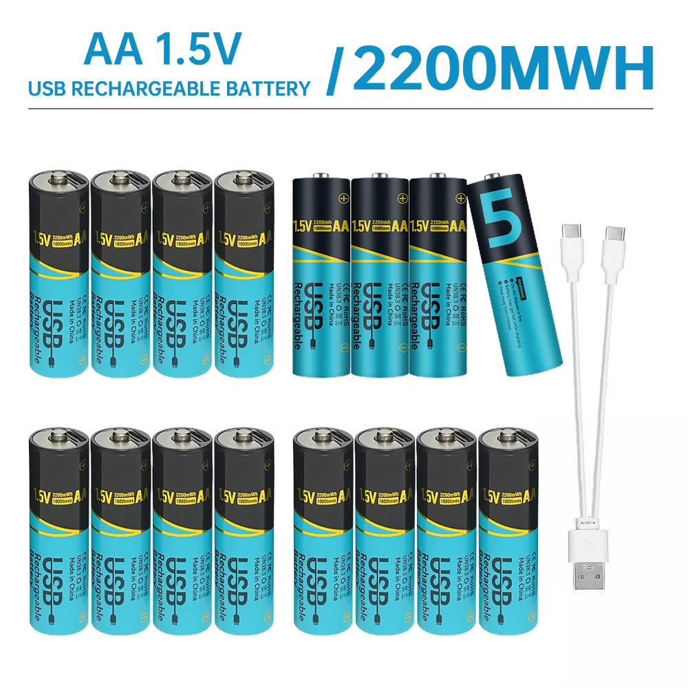 Skywolfeye 16pcs 1.5V AA Batteries Rechargeable Usb C Powerful Batteries for Clocks Flashlight