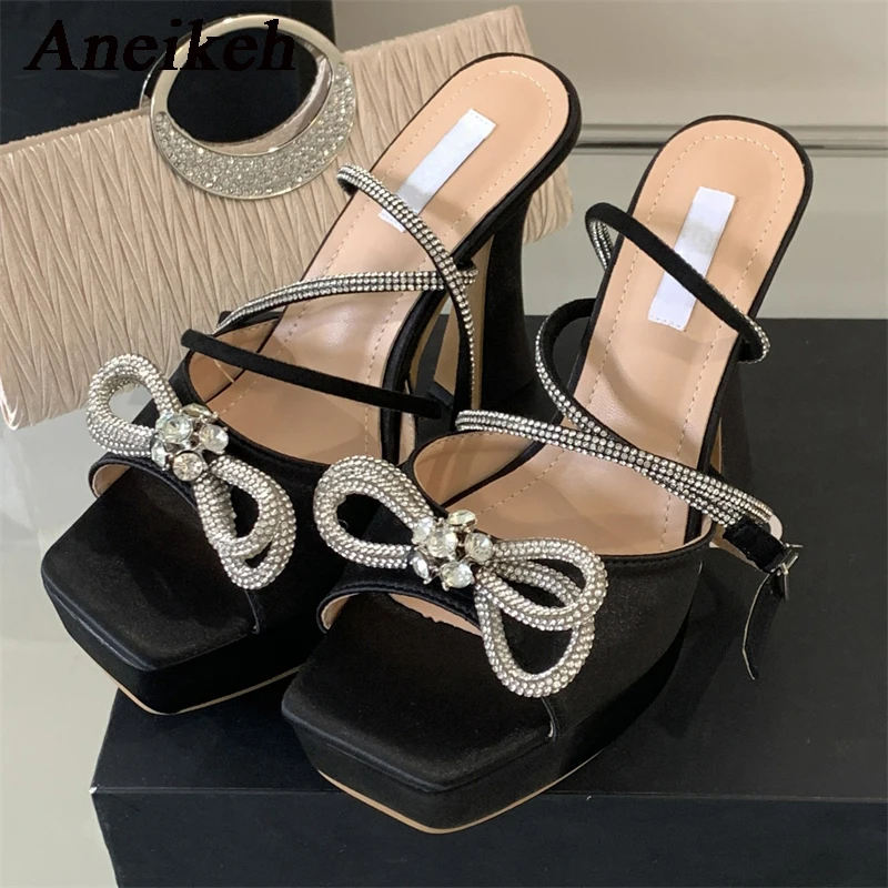 Aneikeh Shiny Crystal Butterfly-knot Buckle Strap Women Sandals Fashion Sexy Square Toe Platform Super High Heels Party Wedding