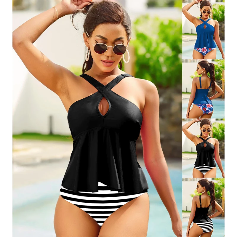 

2023 Women's Fashion Monokini Swimwear Two Piece Beach Swimwear Print Tankinis Summer Beach Wear Swimming New Tankinis Set