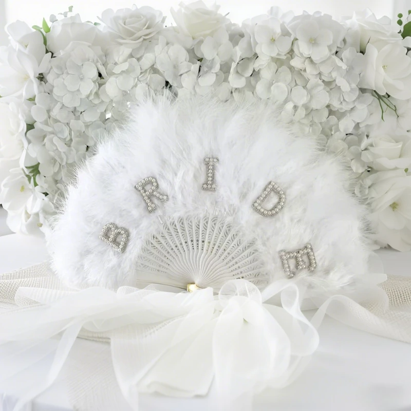 

Dazzling Bride Feather Fan with Pearls Bachelorette Weekend Essential Wedding Ceremony Photo Prop White Bridal Party Decorate