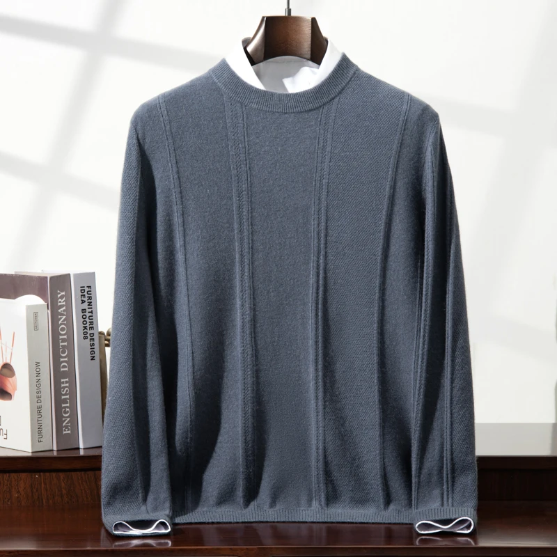 

Men's 100% Cashmere Vertical Striped O-Neck Pullover Stylish Business Sweater Autumn Winter Soft Warm Knit Jackets Inner Wear