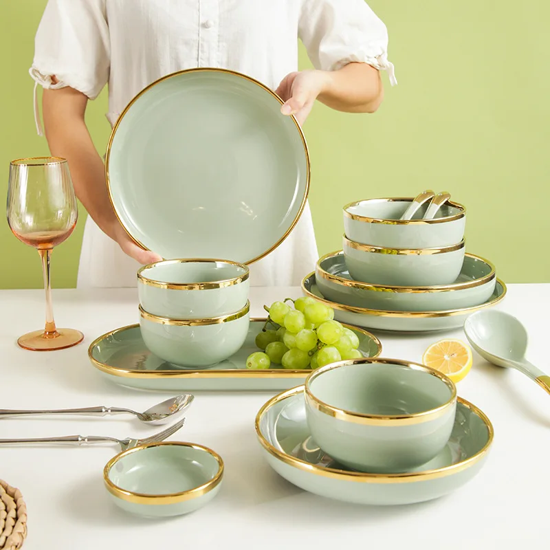 Gilt Rim Light Green Ceramic Plates Steak Food Tableware Set Bowl Ins Dinner Dishs Porcelain Dinnerware Set For Family Hotel