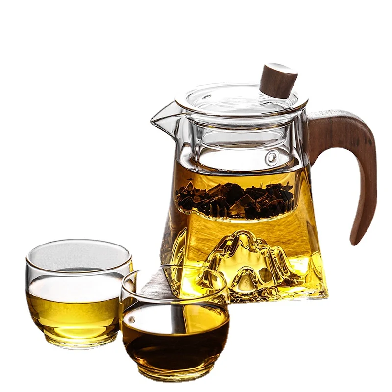 

Glass teapot, wooden handle, black teacup, three-piece cup tea separator, teapot, home office mountain pot.