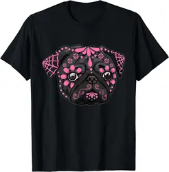 Black Pink Pug Dogs Day of The Dead Sugar Mexico Skull Dog Halloween T-Shirt Casual Short Daily Four Seasons Tees Mens T Shirts