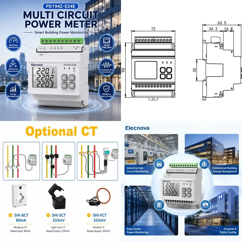 Digital Multi Circuit Energy Meter For Smart Building Power Monitoring With THDi THDu Harmonic Analysis