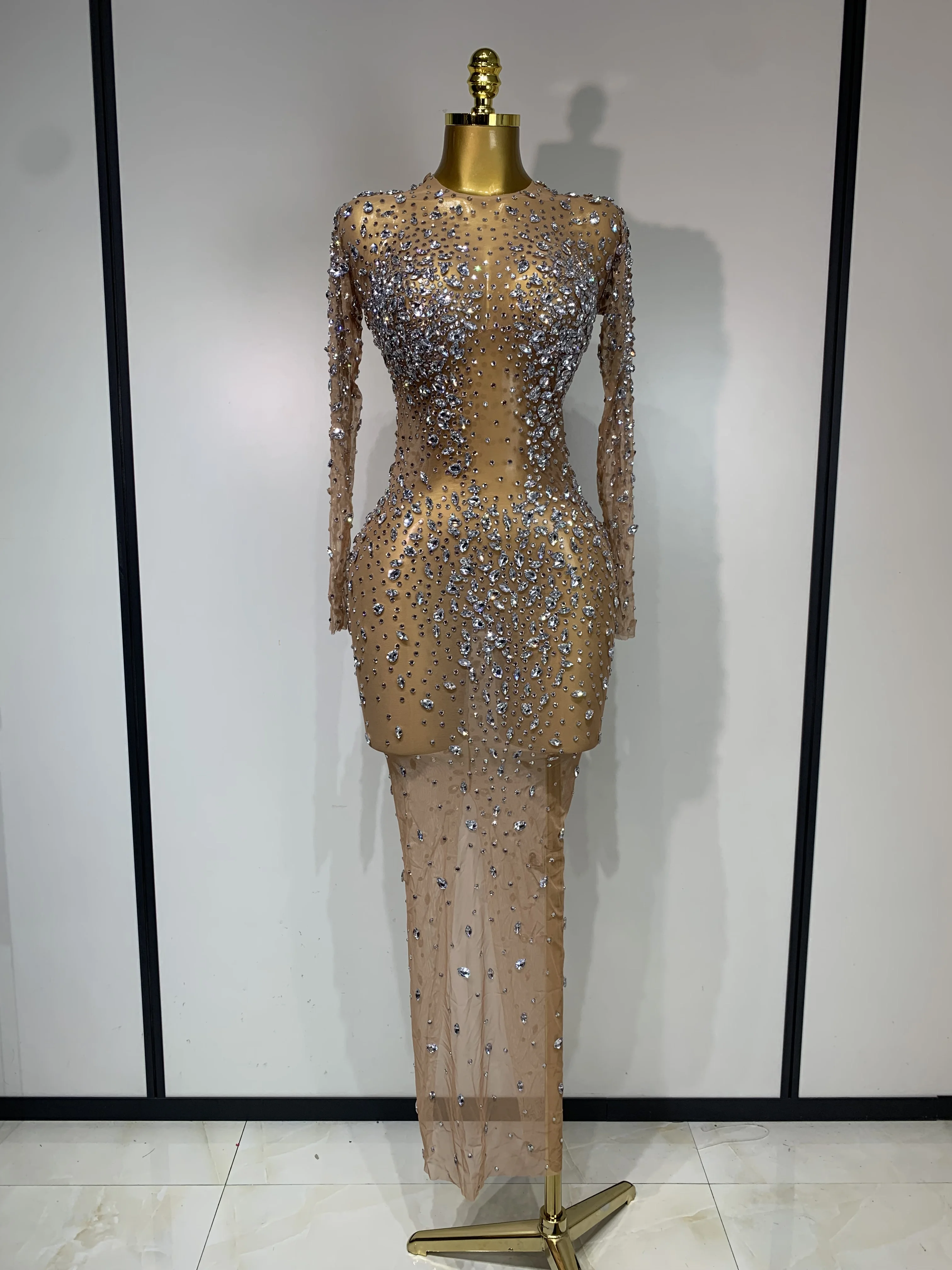 Women Sexy Long Sleeve Bodycon Dress Luxury Birthday Evening Party Glitter  Rhinestones Mesh See Through Prom Gown Stage Outfit - AliExpress 200000345