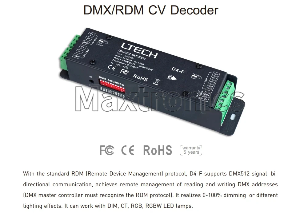 Dekoder DMX/RDM Tegangan Konstan 3/4 Saluran NEW LTECH D4-F/ D3-F DC12V 24V untuk Lampu Strip LED/Modul RGB RGBW Satu Warna